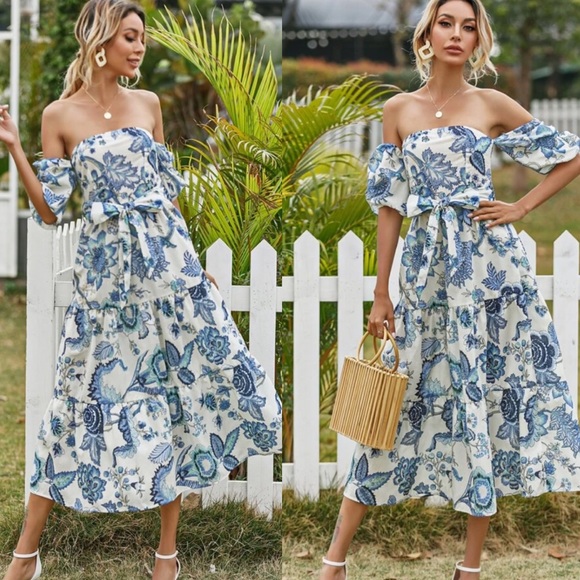 Floral print off shoulder belted dress - Picture 2 of 4